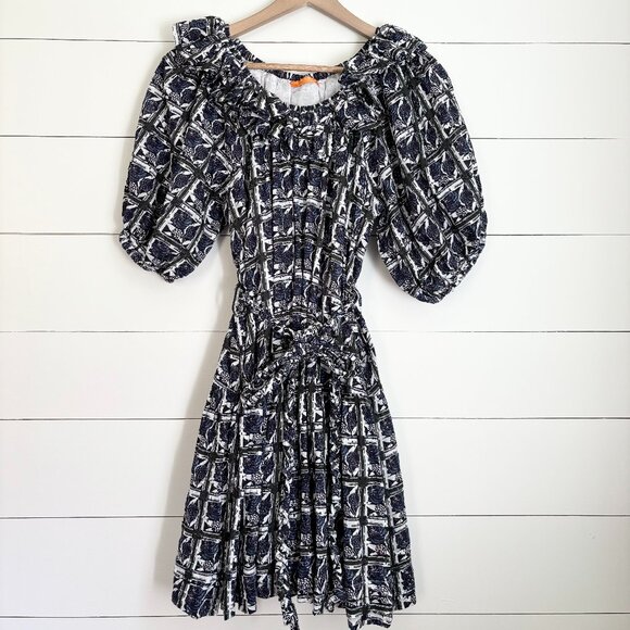 Oliphant navy and white dress with ruffle collar and bubble sleeves - Picture 1 of 6